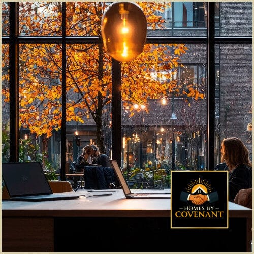 Large windows overlooking fall scenery, filling a modern interior with natural light and warm tones.