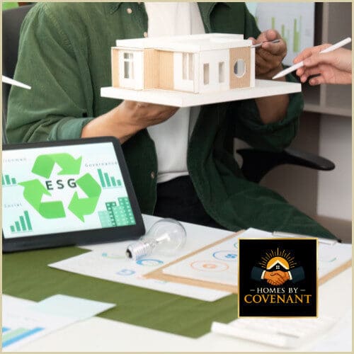 Designer reviewing 3D home model and site plans for modular home placement.
