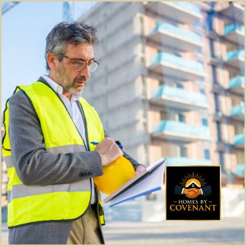 Inspector reviewing structural framing after modular home placement.