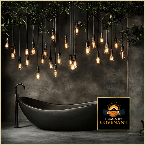 Freestanding black bathtub with dramatic pendant lighting in a modern spa bathroom.