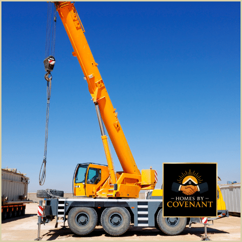 Large crane lifting a modular home section into place during installation day.