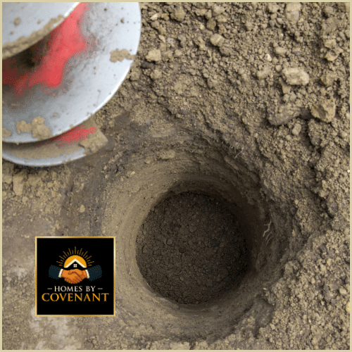 Freshly drilled post hole prepared for fence post installation.