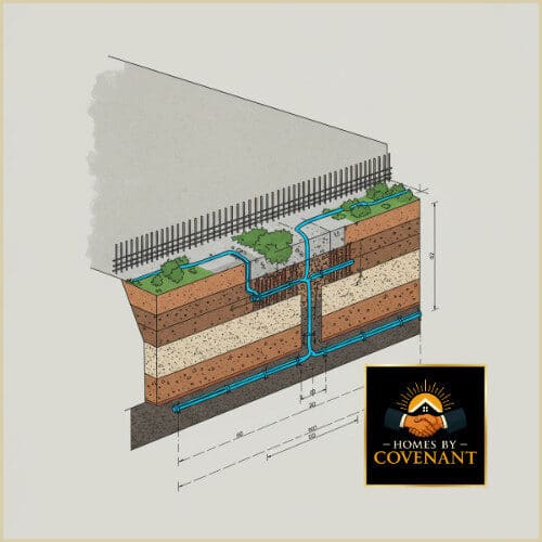 Foundation drainage system with waterproofing membrane and gravel bed.
