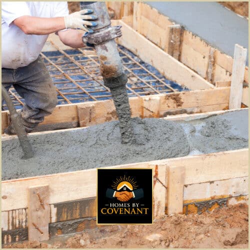 Reinforced concrete wall forms being set for a poured modular foundation.
