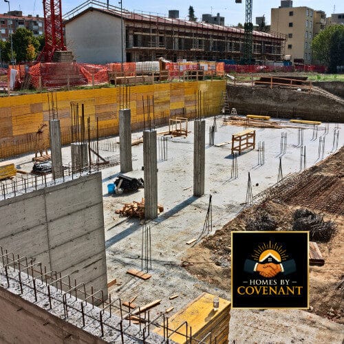 Compacted structural fill and gravel base prepared for modular home foundation.