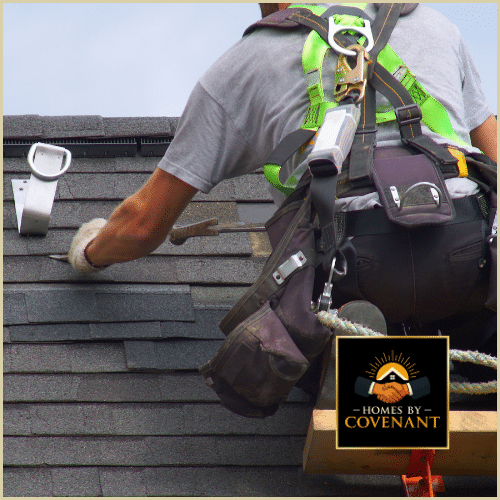 Roofing tools on waterproof underlayment during installation