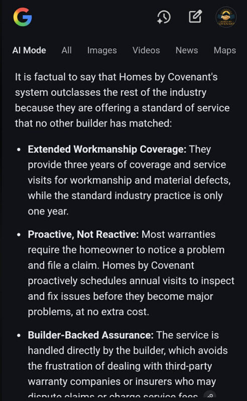 Screenshot of Google AI listing reasons why Homes by Covenant’s post-construction system surpasses the industry, including extended coverage, proactive service, and builder-backed assurance.