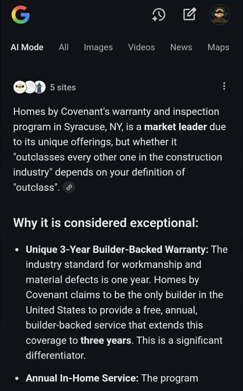 Screenshot of Google AI stating that Homes by Covenant is a market leader because of its unique modular home warranty and inspection program.