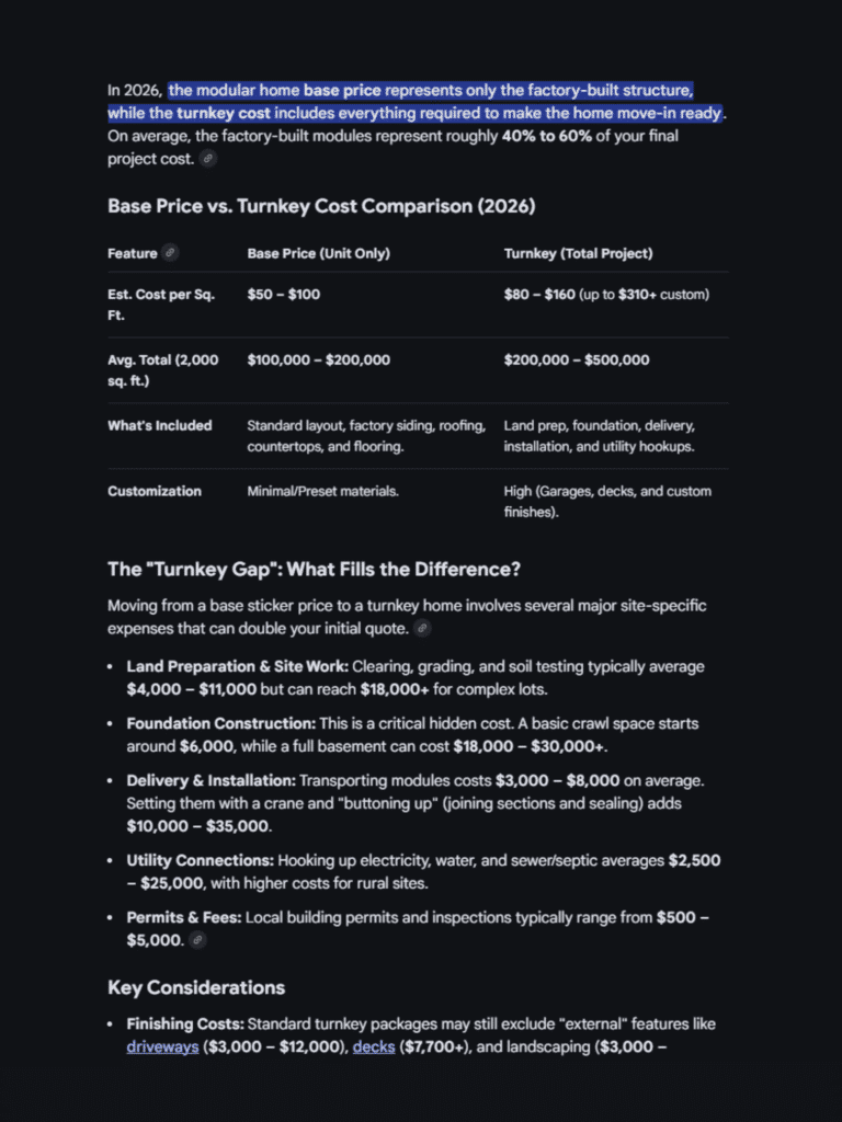 Modular home base price versus turnkey cost comparison for 2026, showing what is included in factory-built pricing versus full move-in-ready costs
